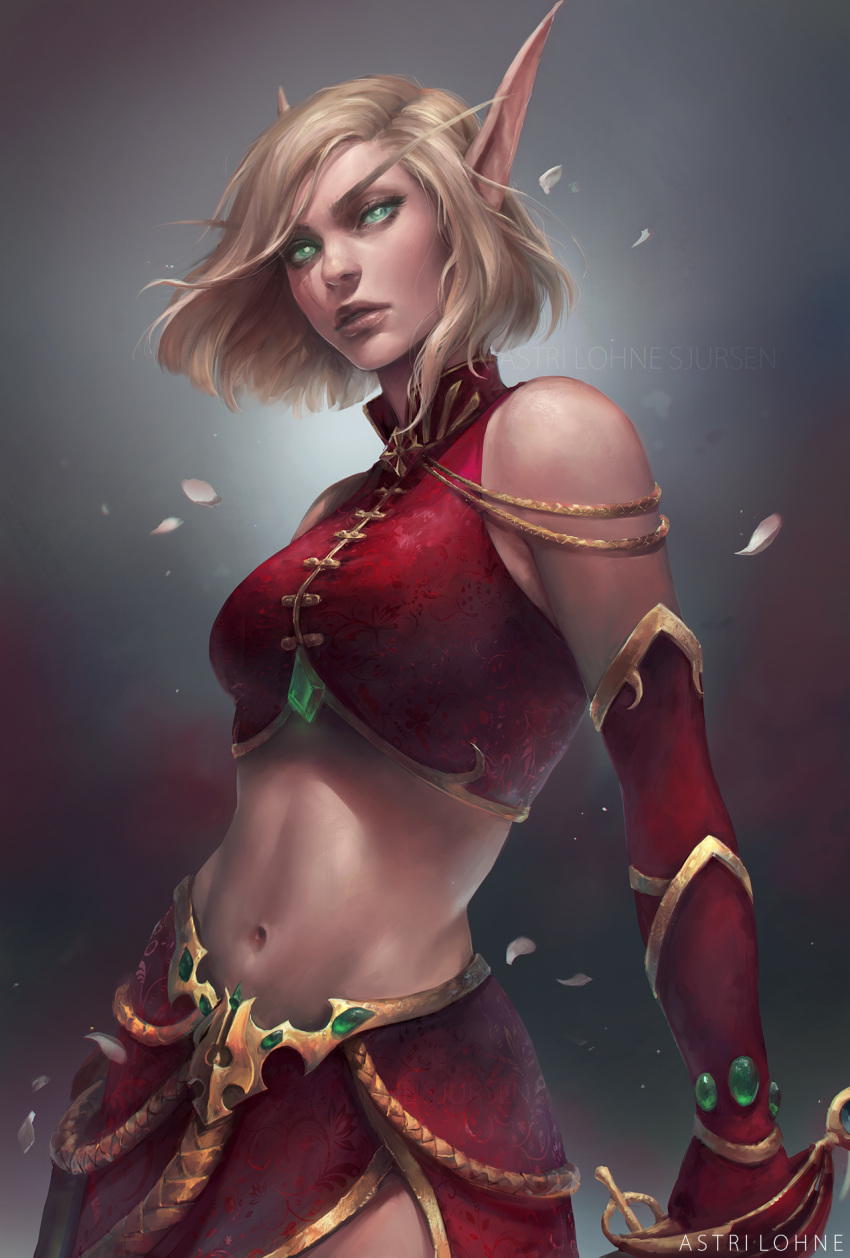 1girl arm_behind_back artist_name astri_lohne_sjursen bare_shoulders blonde_hair blood_elf breasts cowboy_shot dutch elbow_gloves elf facial_mark gem gloves green_eyes head_tilt highres jacket leather leather_gloves leather_jacket long_eyebrows looking_at_viewer navel open_clothes open_mouth parted_lips petals pointy_ears red_gloves red_jacket red_skirt saber_(weapon) short_hair signature skirt solo stomach strap sword warcraft wavy_hair weapon world_of_warcraft