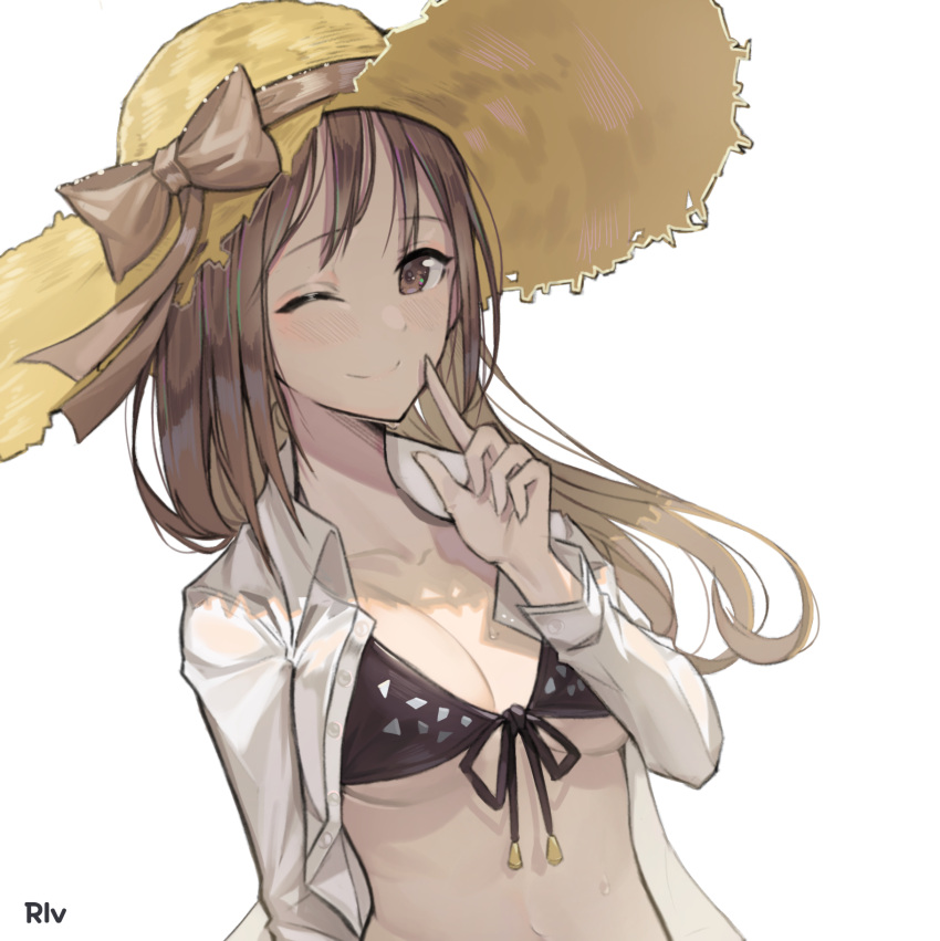 1girl artist_name blush bow breasts brown_bow brown_eyes brown_hair brown_ribbon cleavage closed_mouth collarbone eyebrows_visible_through_hair hat hat_bow hat_ribbon highres hwayoung idolmaster idolmaster_cinderella_girls large_breasts looking_at_viewer mifune_miyu one_eye_closed ribbon smile solo upper_body