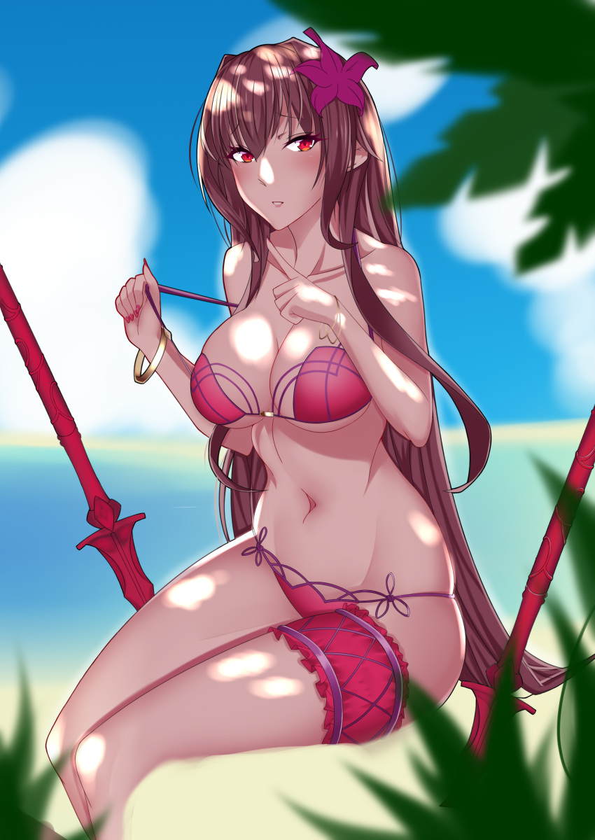 1girl absurdres artist_request beach bikini bracelet breasts clouds collarbone fate/grand_order fate_(series) flower hair_flower hair_ornament highres jewelry large_breasts long_hair nail_polish navel polearm purple_hair red_eyes scathach_(fate/grand_order) scathach_(swimsuit_assassin)_(fate) skindentation sky solo spear swimsuit thigh_strap weapon