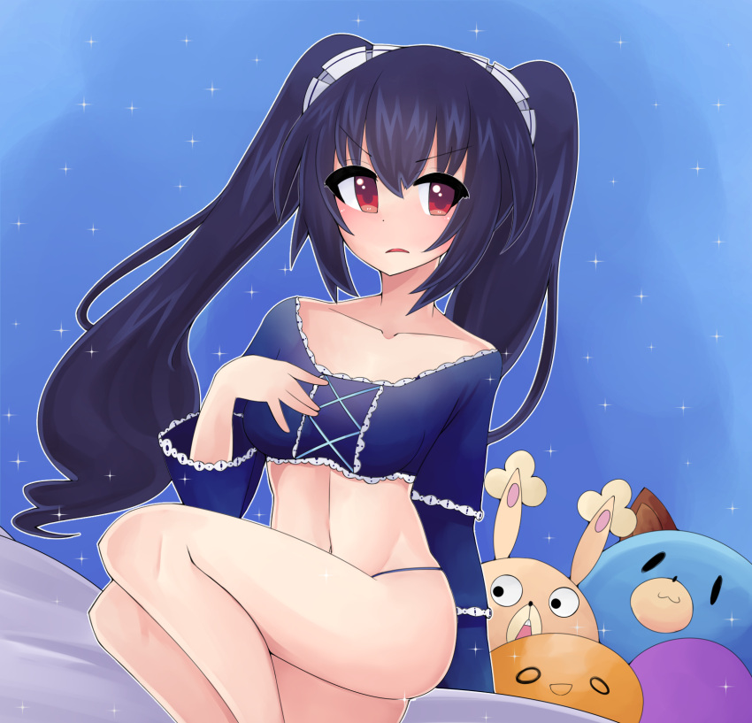1girl bed black_hair blush breasts choujigen_game_neptune cleavage collarbone dogoo highres kami_jigen_game_neptune_v lingerie long_hair looking_back mahruru midriff navel neptune_(series) noire on_bed shiny shiny_hair shiny_skin sitting stomach tied_hair twintails underwear
