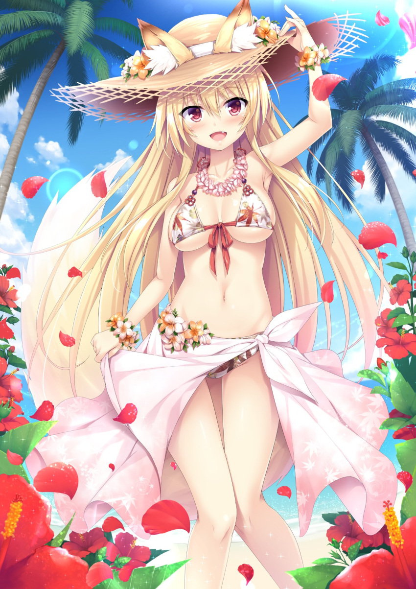 1girl :d akizora_momidi ankle_flower arm_up armpits bare_shoulders beach bikini blonde_hair blue_sky blush breasts breasts_apart clouds commentary_request day ears_through_headwear eyebrows_visible_through_hair fang flower fox_tail hand_on_headwear hat hat_flower hibiscus highres horizon knees_together_feet_apart kokutou_(kazuakifca) leaf_print lens_flare long_hair maple_leaf_print medium_breasts navel ocean open_mouth original outdoors palm_tree petals print_bikini red_eyes sand sandals sarong sky smile solo sparkle straw_hat summer sun_hat sunlight swimsuit tail thigh_gap tree very_long_hair water wrist_flower