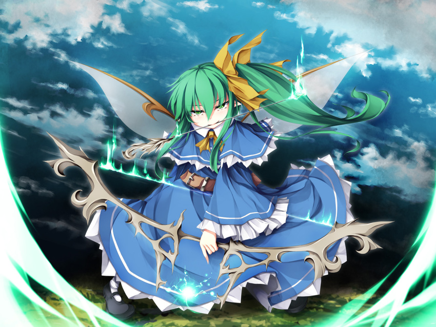 1girl adapted_costume arrow belt blue_dress blue_sky bow_(weapon) capelet clouds daiyousei dress fairy_wings green_eyes green_hair hair_ribbon in_mouth long_hair looking_at_viewer pointy_ears ribbon sasasa_(nashi) side_ponytail sky smile smirk solo touhou weapon wings