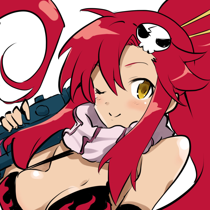 1girl ;) bare_shoulders bikini_top breasts cleavage elbow_gloves fingerless_gloves flame_print gloves hair_ornament highres holding holding_weapon iwasi-r large_breasts leaning_forward long_hair one_eye_closed ponytail redhead scarf sidelocks simple_background skull_hair_ornament smile solo tengen_toppa_gurren_lagann upper_body very_long_hair weapon white_background yellow_eyes yoko_littner
