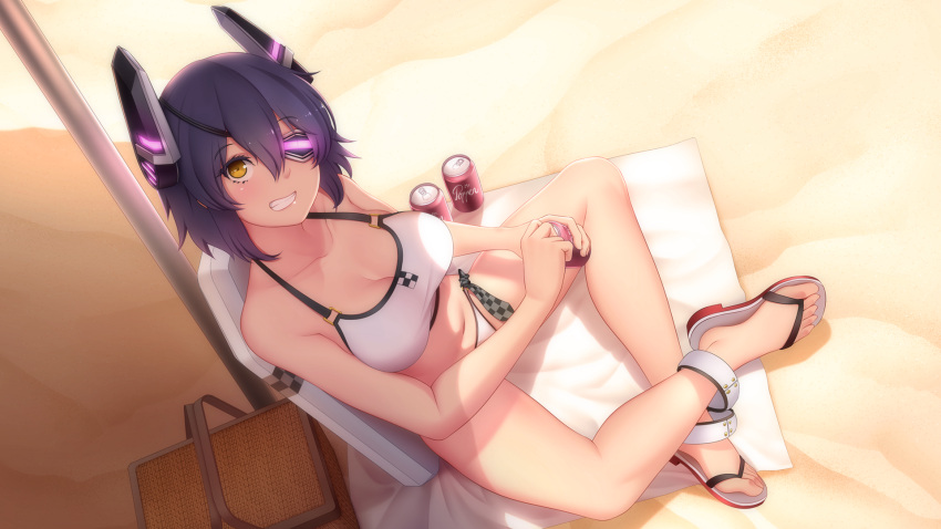 1girl basket bikini breasts can checkered checkered_necktie cleavage eyepatch grin highres kantai_collection legs_crossed looking_at_viewer looking_up mochi_(chain_csn) navel necktie necktie_removed purple_hair sandals short_hair sitting smile soda_can solo swimsuit tenryuu_(kantai_collection) white_bikini yellow_eyes