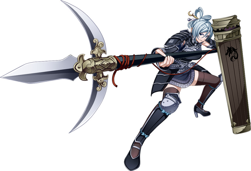 1girl artist_request breasts detached_sleeves full_body gassantoda_(oshiro_project) hair_between_eyes hair_ornament holding holding_spear holding_weapon large_breasts official_art oshiro_project oshiro_project_re pencil_skirt polearm shield silver_hair skirt spear sunrise_stance thigh-highs transparent_background weapon