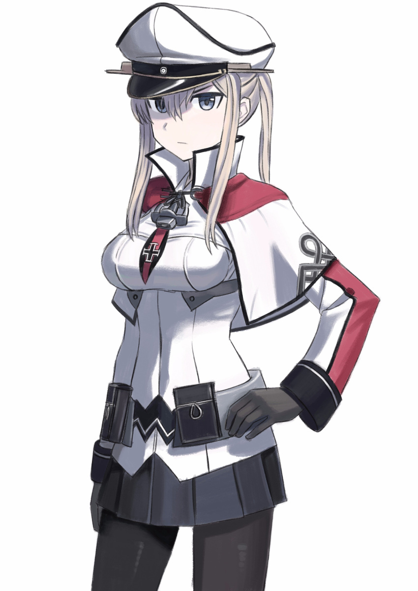 1girl absurdres bangs black_gloves black_legwear black_skirt blonde_hair blue_eyes capelet celtic_knot commentary cowboy_shot gloves graf_zeppelin_(kantai_collection) hair_between_eyes hand_on_hip highres kantai_collection long_hair long_sleeves miniskirt pale_skin pantyhose pleated_skirt popped_collar sidelocks simple_background skirt solo twintails wasabi60 white_background