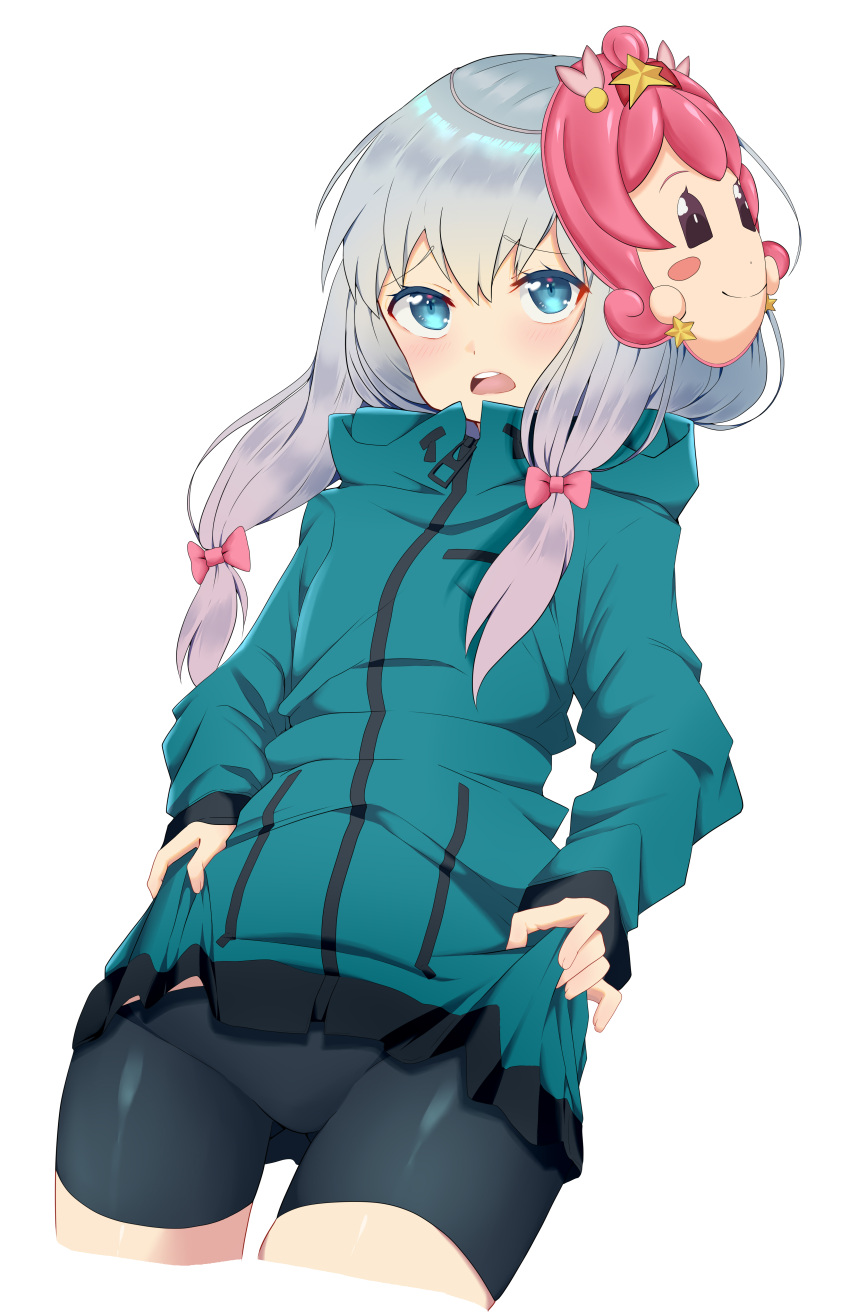 1girl absurdres bike_shorts blue_eyes blush bow eromanga_sensei eyebrows_visible_through_hair hair_bow highres izumi_sagiri long_hair long_sleeves looking_at_viewer mask mask_on_head open_mouth pink_bow rachel_bouvier silver_hair solo teeth