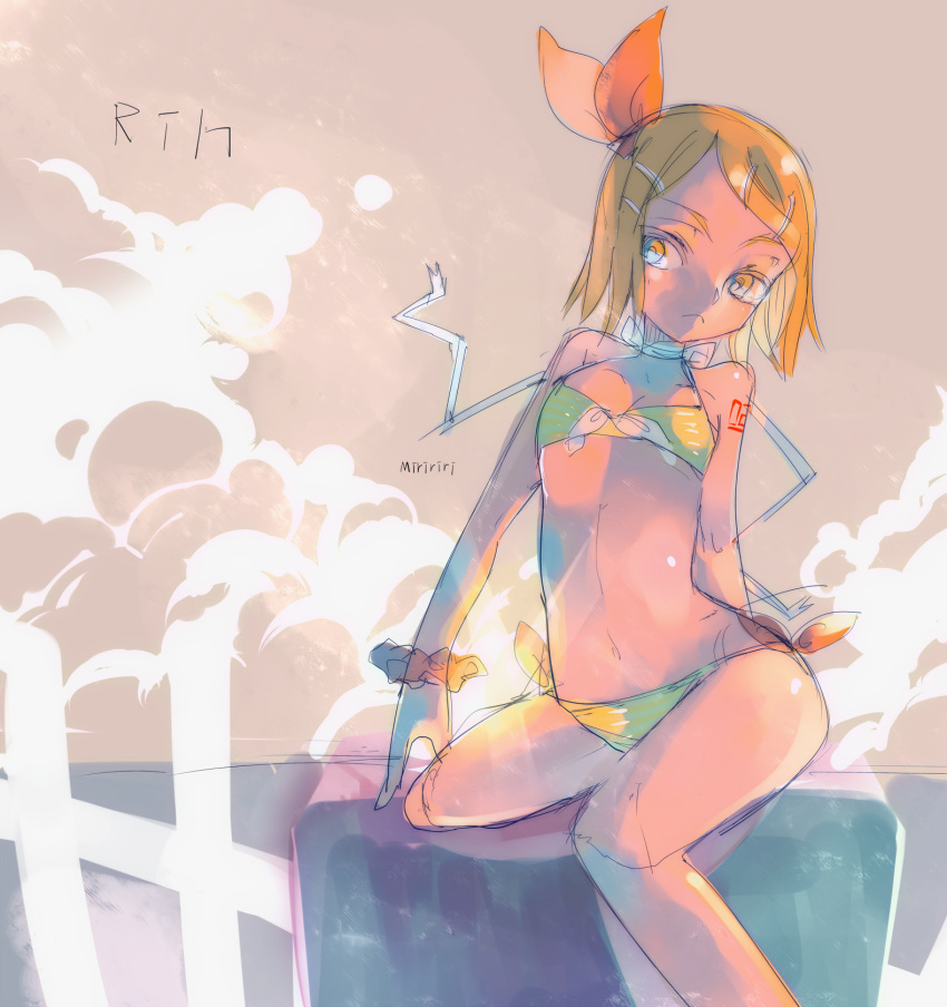&gt;:&lt; 1girl arm_tattoo artist_name artist_signature bare_arms bare_legs bare_shoulders bikini blonde_hair bow bracelet character_name closed_mouth clouds flat_chest hair_bow highres jewelry kagamine_rin looking_at_viewer midriff miririri navel serious short_hair side-tie_bikini sitting sketch solo string_bikini swimsuit tattoo vocaloid yellow_eyes