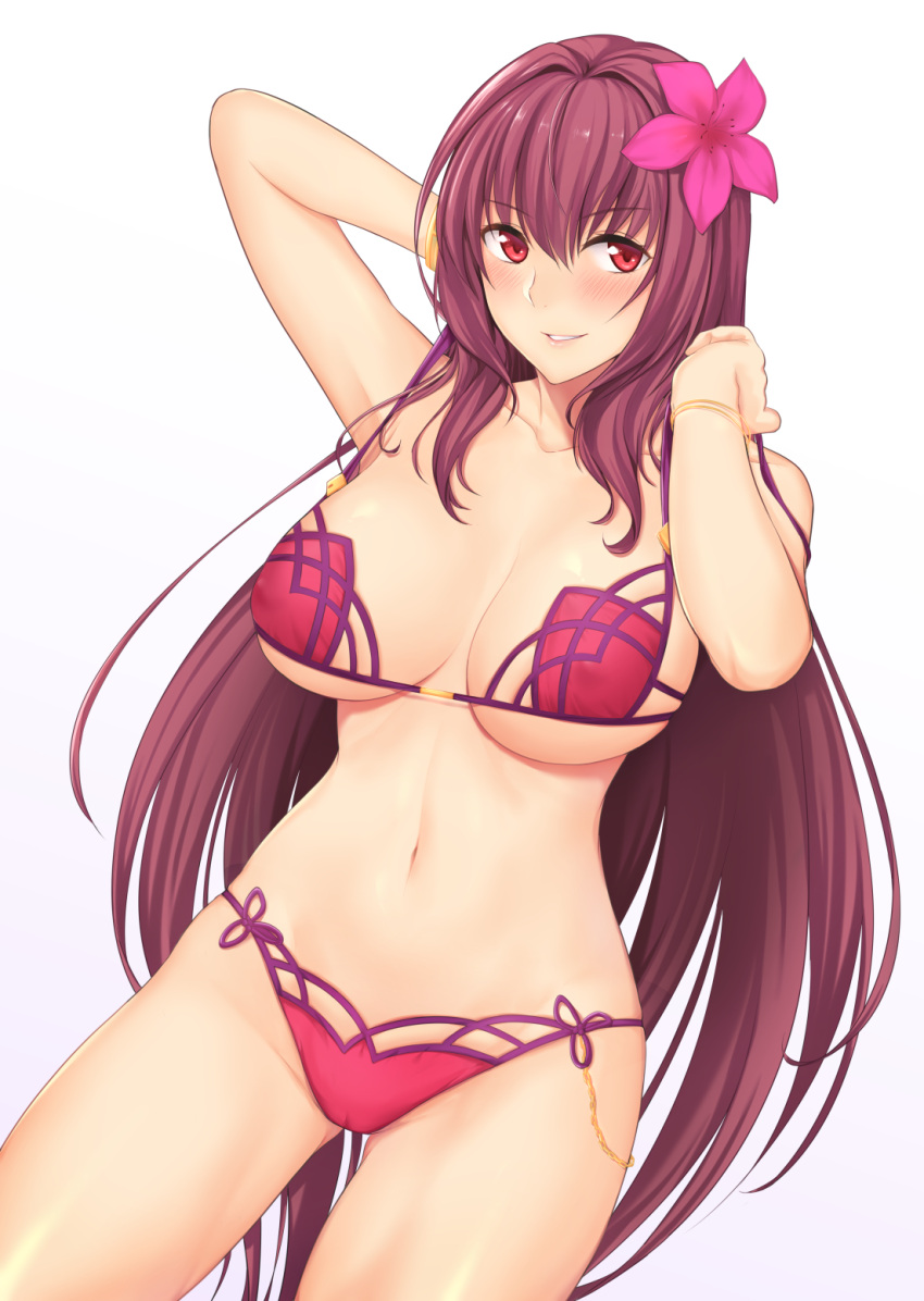 1girl arm_up blush breasts brown_hair cleavage collarbone eyebrows_visible_through_hair fate/grand_order fate_(series) flower hair_flower hair_ornament highres large_breasts long_hair looking_at_viewer navel parted_lips red_eyes scathach_(fate/grand_order) shukurimu smile solo swimsuit teeth thighs