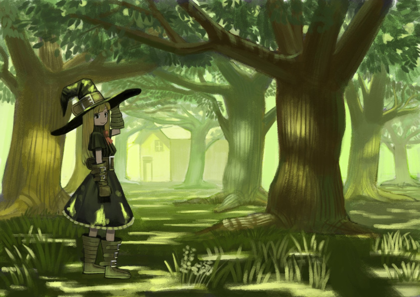 1girl belt black_dress black_eyes black_skirt blonde_hair boots commentary_request dress forest gloves grass green hat hat_belt highres holding holding_hat house large_belt long_hair looking_at_viewer looking_back nature original red_ribbon ribbon skirt solo standing tree wasabi60 witch_hat