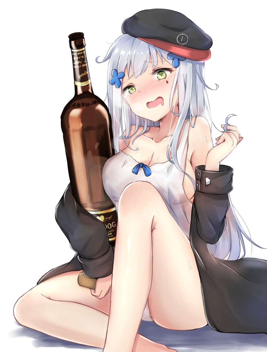 1girl bangs beret blush bottle breasts cleavage coat collarbone drooling drunk eyebrows_visible_through_hair facial_mark girls_frontline green_eyes hair_ornament hair_twirling hakuya_(white_night) hand_up hat highres hk416_(girls_frontline) holding holding_bottle knee_up large_breasts long_hair looking_at_viewer loungewear nose_blush open_clothes open_coat open_mouth panties sideboob silver_hair simple_background sitting smile solo strap_slip tank_top teardrop thighs underwear white_background white_panties
