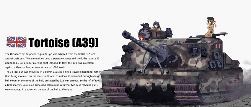 3girls absurdres black_eyes black_hair blonde_hair blue_eyes english ground_vehicle highres long_hair military military_uniform military_vehicle motor_vehicle multiple_girls red_eyes short_hair tank tianyu_jifeng tortoise_(tank) twintails uniform union_jack world_of_tanks yellow_eyes