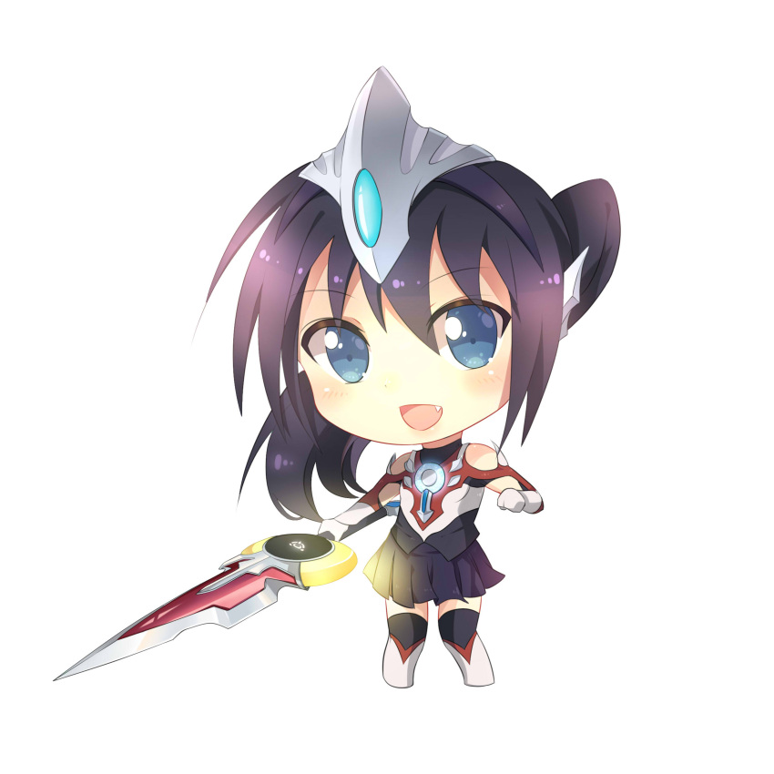 1girl :d absurdres bangs bare_shoulders black_hair black_hairband black_legwear black_skirt blue_eyes boots chibi clenched_hand commentary eyebrows_visible_through_hair fang female full_body genderswap genderswap_(mtf) gloves glowing glowing_sword glowing_weapon grey_boots hair_between_eyes hairband hand_up headgear highres holding holding_sword holding_weapon knee_boots long_hair looking_at_viewer open_mouth orbcalibur personification pleated_skirt ponytail shiny shiny_hair simple_background skirt smile solo standing sword taro_(ultrataro) thigh-highs ultra_series ultraman_orb ultraman_orb_(series) weapon white_background white_gloves zettai_ryouiki