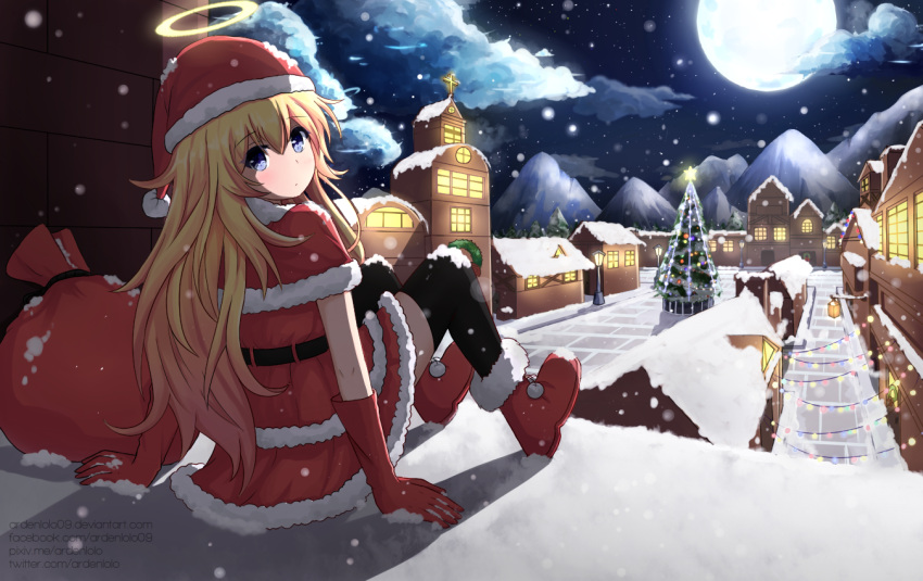 1girl ardenlolo arm_support artist_name belt black_legwear blonde_hair blue_eyes blush boots capelet christmas christmas_lights christmas_tree closed_mouth clouds cross eyebrows_visible_through_hair from_behind from_side full_moon fur_trim gabriel_dropout gloves hair_between_eyes halo hat head_tilt house long_hair moon mountain night night_sky outdoors red_boots red_gloves red_shirt red_skirt sack santa_costume santa_hat shirt silhouette sitting skirt sky solo tenma_gabriel_white thigh-highs very_long_hair watermark web_address wreath