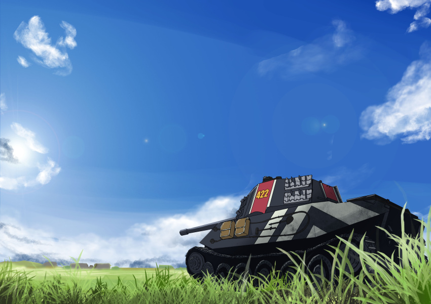 absurdres clouds day grass ground_vehicle highres military military_vehicle motor_vehicle no_humans senjou_no_valkyria senjou_no_valkyria_3 sky tank tianyu_jifeng world_of_tanks