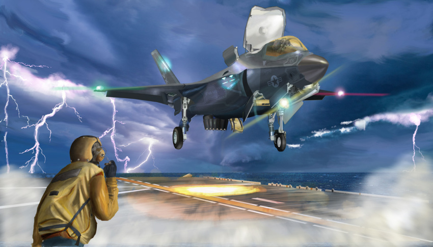 aircraft aircraft_carrier airplane america clouds f-35_lightning_ii fighter_jet flying helmet i.t.o_daynamics jet landing lightning lightning_bolt military military_vehicle ocean real_life realistic roundel ship storm vtol warship watercraft