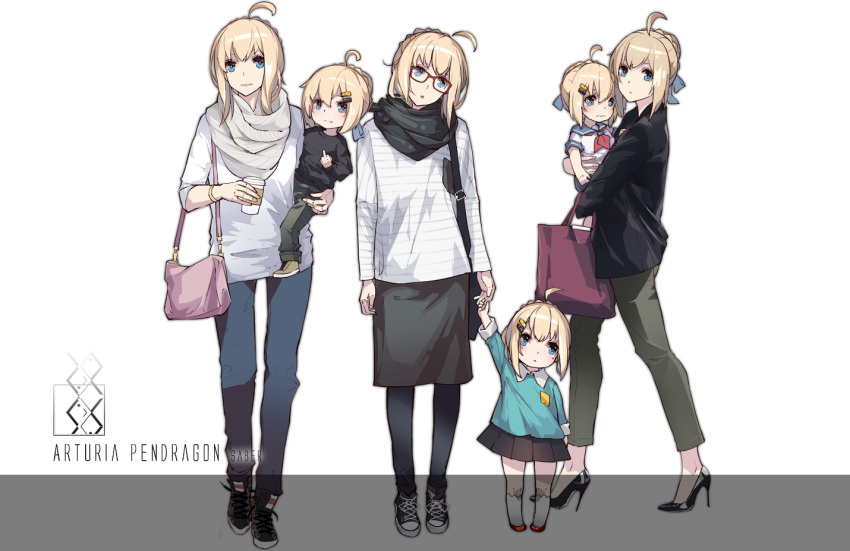 :&lt; :t ahoge bag bangs black_legwear black_scarf black_shirt black_shoes black_skirt blonde_hair blue_eyes blush braid carrying character_name closed_mouth coffee_cup cup fate/stay_night fate_(series) french_braid grey_scarf hair_ornament hairclip handbag high_heels holding holding_cup holding_hand kneehighs long_sleeves looking_at_viewer middle_finger mother_and_daughter multiple_persona openvl pants pantyhose parted_lips pleated_skirt red_shoes saber scarf school_uniform serafuku shirt shoes short_hair_with_long_locks short_sleeves sidelocks skirt smile sneakers white_legwear younger