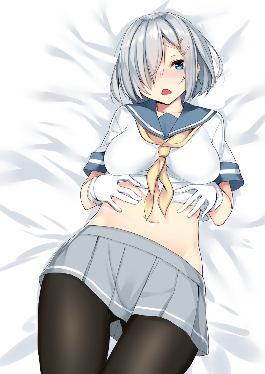 1girl ass_visible_through_thighs bed between_breasts blue_eyes blush collarbone gloves grey_skirt hair_ornament hair_over_one_eye hairclip hamakaze_(kantai_collection) hands_on_shoulders highres kantai_collection looking_at_viewer lying midriff navel nebusoku necktie on_back on_bed open_mouth pantyhose pleated_skirt school_uniform serafuku short_hair short_sleeves silver_hair skirt solo white_gloves yellow_necktie
