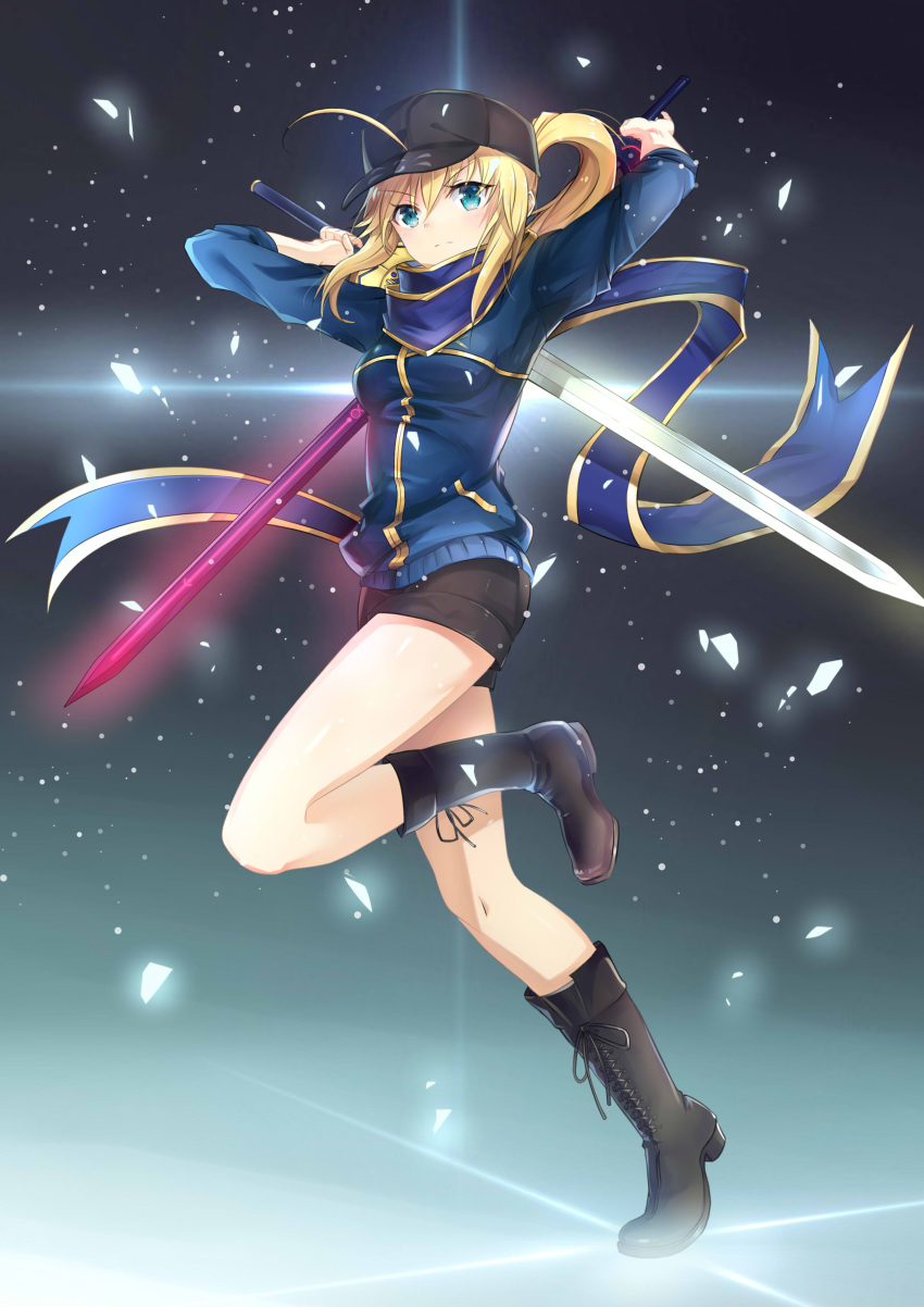 1girl absurdres ahoge arms_up bangs baseball_cap black_background black_boots black_hat black_shorts blonde_hair blue_eyes blue_jacket blue_scarf boots closed_mouth commentary_request cross-laced_footwear diffraction_spikes dual_wielding eyebrows_visible_through_hair fate/grand_order fate_(series) full_body glowing glowing_floor glowing_sword glowing_weapon hair_between_eyes hat heroine_x highres himitsucalibur jacket knee_boots lace-up_boots light_particles long_hair long_sleeves looking_at_viewer one_leg_raised ponytail saber scarf serious shorts sidelocks solo standing standing_on_one_leg taro_(ultrataro) track_jacket weapon