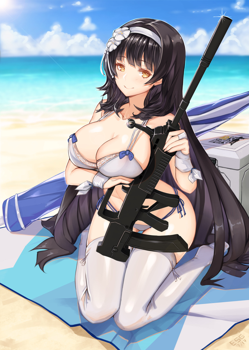 assault_rifle bangs beach bikini black_hair blue_bow blush bow breasts bullpup cleavage closed_mouth clouds collarbone commentary cooler day essa_sazhka eyebrows_visible_through_hair flower girls_frontline gloves gun hair_flower hair_ornament hairband highres holding holding_gun holding_weapon large_breasts long_hair looking_at_viewer no_shoes outdoors parasol qbz-95 qbz-95_(girls_frontline) rifle side-tie_bikini sitting smile sunlight swimsuit thigh-highs towel umbrella very_long_hair wariza water weapon white_bikini white_gloves white_hairband white_legwear yellow_eyes