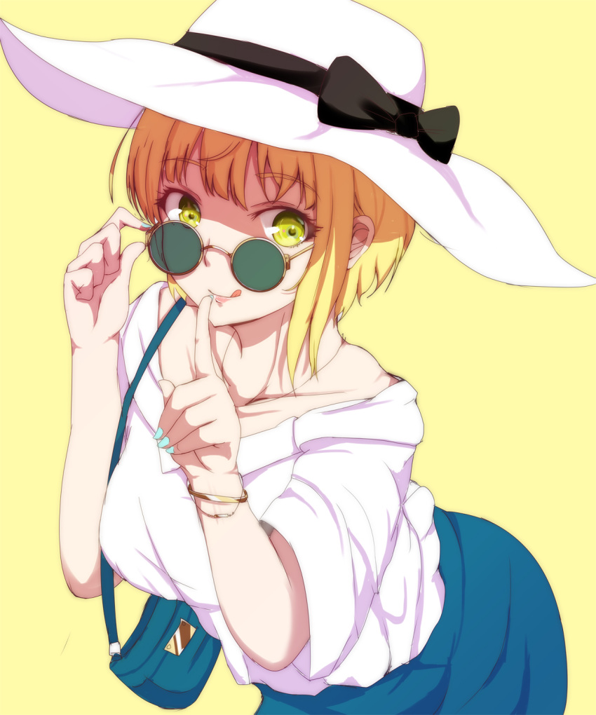 1girl adjusting_glasses asymmetrical_hair bag bangs blonde_hair blue_nails blue_skirt bracelet collarbone commentary_request eyebrows_visible_through_hair finger_to_mouth glasses green_eyes handbag hat highres idolmaster idolmaster_cinderella_girls jewelry licking_lips looking_at_viewer miyamoto_frederica nail_polish necklace round_glasses ryuu. shirt short_hair simple_background skirt smile solo sun_hat sunglasses tongue tongue_out white_shirt yellow_background