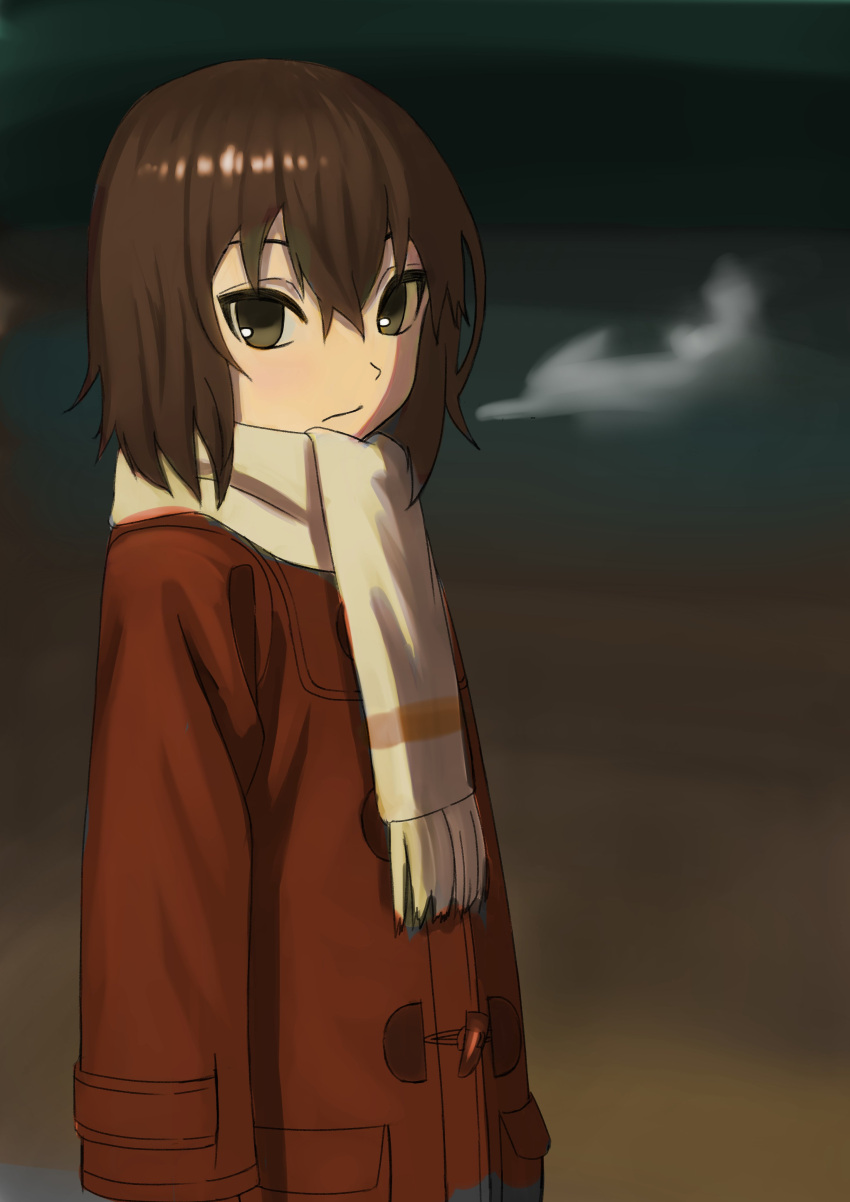 1girl absurdres boku_dake_ga_inai_machi brown_hair child closed_mouth coat commentary_request green_eyes highres hinazuki_kayo looking_at_viewer open_eyes red_coat scarf serious short_hair solo wasabi60 white_scarf