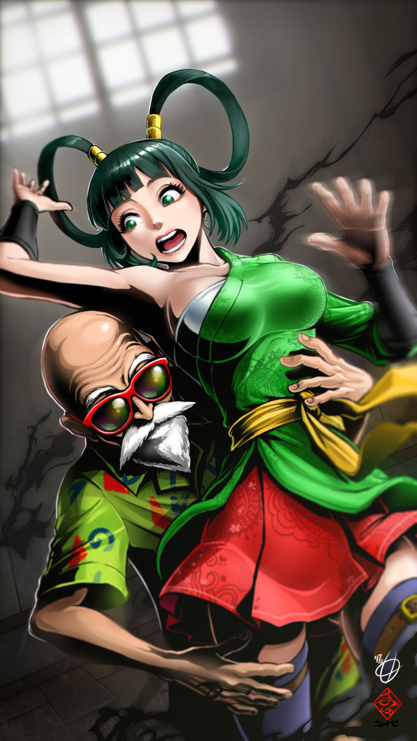 1boy 1girl absurdres bald beard black_legwear breasts character_request cleavage dragon_ball dragon_ball_super facial_hair green_eyes green_hair highres large_breasts looking_at_another mustache muten_roushi old_man open_mouth short_hair signature sunglasses tete_(amakuchichiyoko) thigh-highs