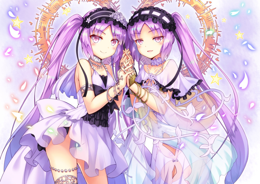 2girls bangle blush bracelet capelet dress euryale fate/hollow_ataraxia fate_(series) hairband highres jewelry kasaran_(e_kisama) lolita_hairband long_hair multiple_girls open_mouth purple_hair siblings sisters smile stheno twins twintails very_long_hair violet_eyes white_dress