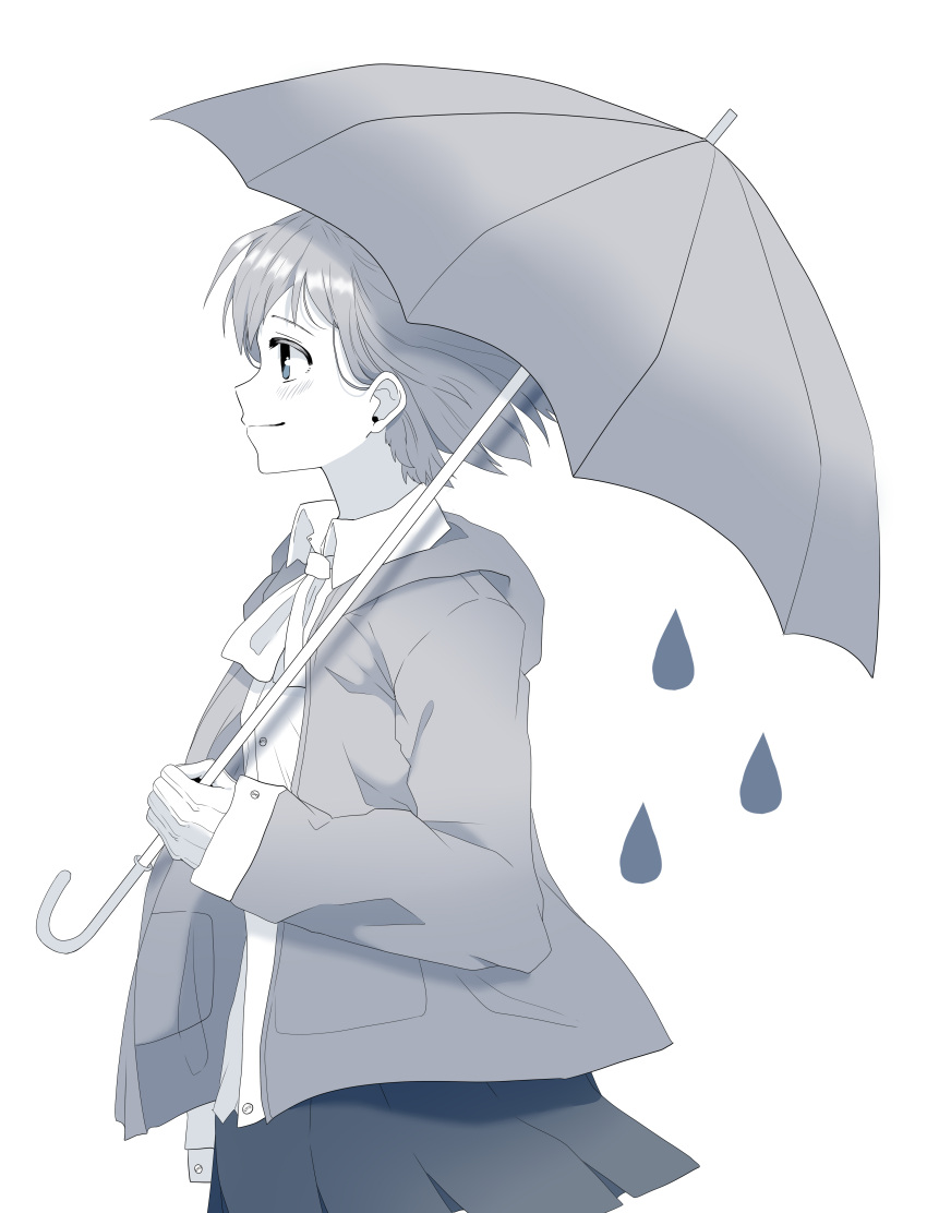1girl absurdres blue_eyes blush closed_mouth coat from_side gloves greyscale highres holding holding_umbrella looking_away monochrome original rachel_bouvier short_hair skirt smile solo umbrella