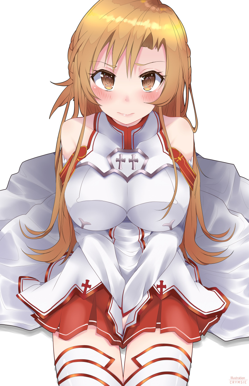 1girl absurdres asuna_(sao) blush breasts brown_eyes brown_hair closed_mouth collarbone eyebrows_visible_through_hair highres large_breasts long_hair looking_at_viewer rachel_bouvier red_skirt skirt solo sword_art_online