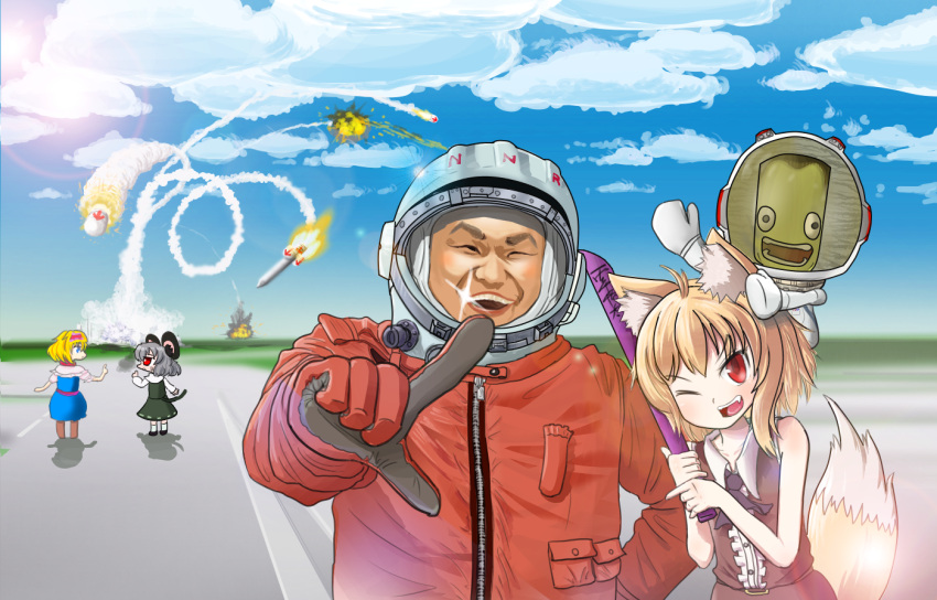 2boys 3girls alice_margatroid animal_ears astronaut astronaut_helmet blonde_hair blue_eyes blush boots brown_boots brown_hair collarbone cookie_(touhou) eyebrows_visible_through_hair fangs fox_ears fox_tail grey_hair hairband ichigo_(cookie) kerbal_space_program kneehighs looking_at_another looking_at_viewer miramikaru_riran missile mouse_ears mouse_tail multiple_boys multiple_girls nazrin nyon_(cookie) one_eye_closed open_mouth pai_kebon_baa parted_lips red_eyes short_hair smile spacesuit sparkle sweat tail teeth thigh-highs thigh_boots touhou white_legwear