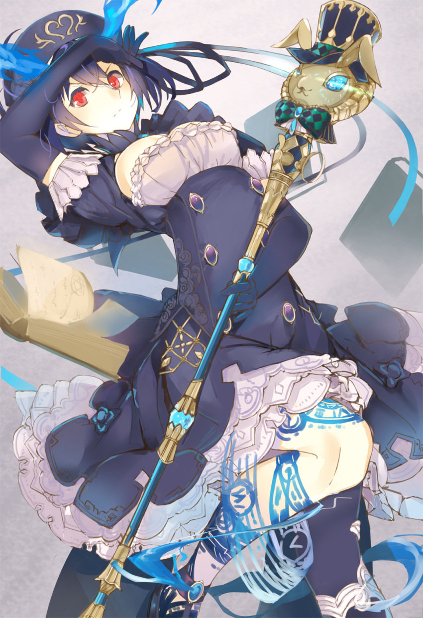 1girl alice_(sinoalice) black_gloves black_hair blue_fire book breasts cleavage dress elbow_gloves fire frilled_dress frills gloves highres looking_at_viewer moebaka open_book puffy_short_sleeves puffy_sleeves red_eyes short_hair short_sleeves sinoalice solo staff tattoo thigh-highs
