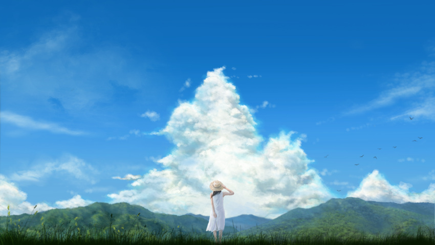 1girl adjusting_clothes adjusting_hat aki_(aki_k6) bird black_hair clouds day from_behind grass hat original outdoors scenery short_hair solo