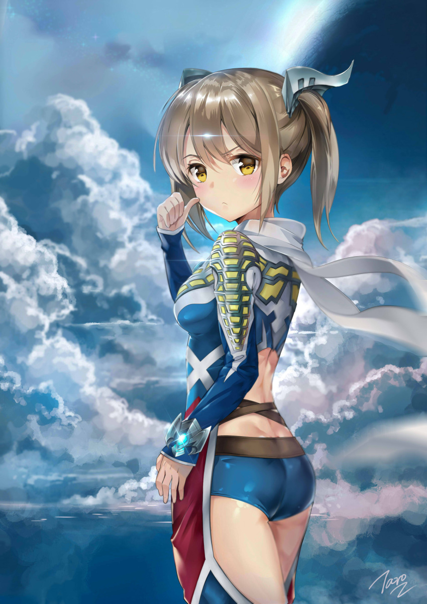 &gt;:&lt; 1girl :&lt; absurdres armor ass bangs blue_shorts blue_sky blush bracelet breasts brown_hair closed_mouth clouds cloudy_sky commentary cowboy_shot day diffraction_spikes eyebrows_visible_through_hair female flat_ass from_side frown genderswap genderswap_(mtf) glint hair_between_eyes hand_up highres horns jewelry long_sleeves looking_at_viewer looking_to_the_side medium_breasts motion_blur personification planet scarf shiny shiny_clothes shiny_hair short_hair short_shorts short_twintails shorts signature sky solo sparkle standing taro_(ultrataro) thumb_to_cheek twintails ultra_series ultraman_zero white_scarf wind yellow_eyes