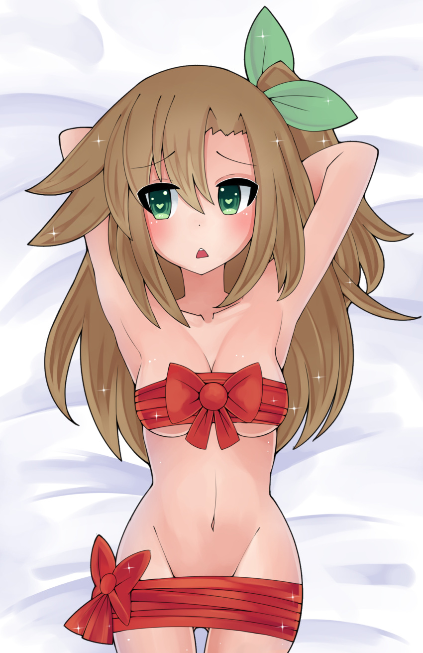 1girl arms_up asymmetrical_hair bed breast_press breasts brown_hair choujigen_game_neptune collarbone cowboy_shot green_eyes groin hair_ornament hair_ribbon heart heart-shaped_pupils highres if_(choujigen_game_neptune) looking_to_the_side lying mahruru medium_breasts midriff naked_ribbon navel neptune_(series) nude on_back on_bed ponytail ribbon shin_jigen_game_neptune_vii shiny shiny_hair shiny_skin side_ponytail stomach symbol-shaped_pupils tied_hair