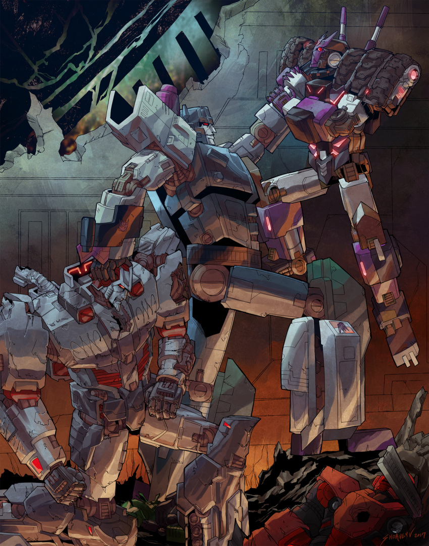 badge damaged decepticon glowing glowing_eyes highres injury mecha megatron no_humans overlord_(transformers) red_eyes robot science_fiction tarn transformers trunchbull