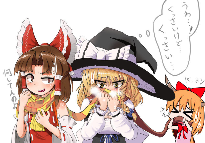 &gt;_&lt; 3girls benikurage black_hat blonde_hair blue_bow blush bow breasts brown_eyes brown_hair brown_scarf cleavage cookie_(touhou) fang hair_bow hair_tubes hakurei_reimu hat highres holding horns ibuki_suika kirisame_marisa large_breasts long_sleeves looking_at_another looking_away mars_(cookie) multiple_girls orange_hair pai_kebon_baa parted_lips red_bow short_hair sweat thought_bubble touhou translation_request witch_hat