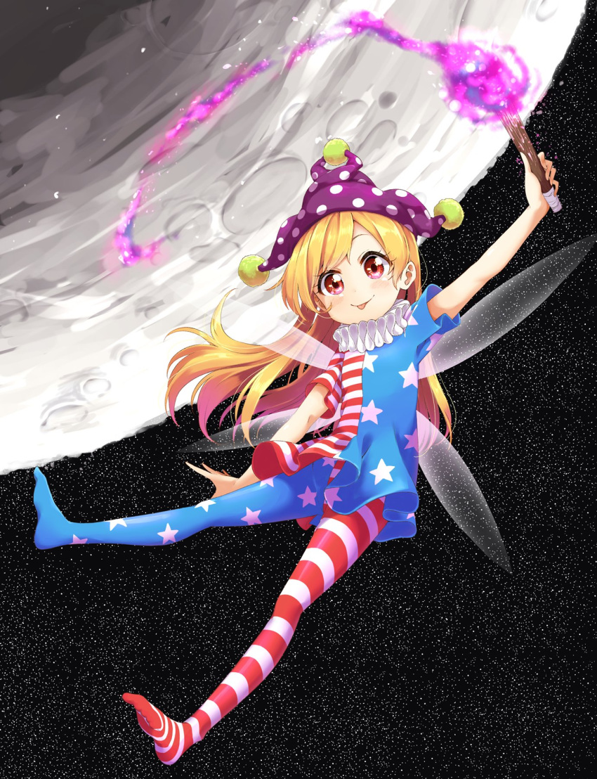 1girl american_flag_dress american_flag_legwear blonde_hair clownpiece dress fairy_wings fire full_body hat highres jester_cap ksk_(semicha_keisuke) long_hair looking_at_viewer moon neck_ruff pantyhose polka_dot red_eyes short_dress short_sleeves solo star star_print striped tongue tongue_out torch touhou wings
