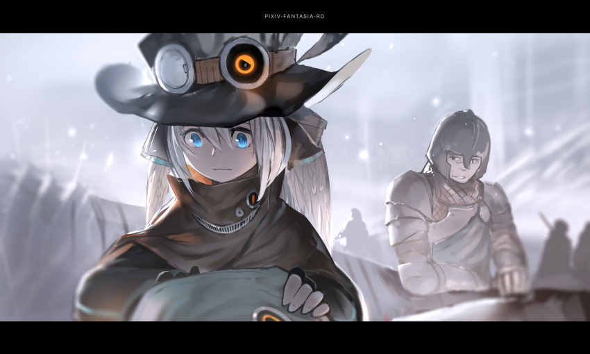 1boy 1girl black_eyes black_hat blue_eyes blush closed_mouth hat highres long_hair looking_at_another looking_away original parted_lips pixiv_fantasia_revenge_of_the_darkness short_hair smile steampunk white_hair yuushoku
