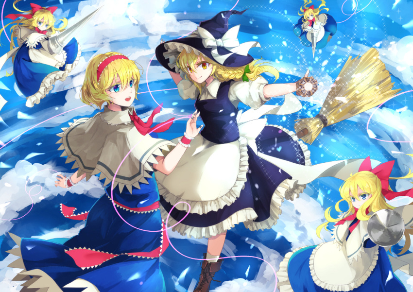 2girls :d alice_margatroid apron bangs black_dress blonde_hair blue_dress blue_eyes boots bow braid brown_boots capelet cross-laced_footwear dress flying frilled_dress frills furapechi green_bow hair_between_eyes hair_bow hairband hat hat_bow kirisame_marisa lace-up_boots lance lolita_hairband looking_at_viewer mini-hakkero multiple_girls neck_ribbon open_mouth orange_eyes outstretched_arms polearm puffy_short_sleeves puffy_sleeves puppet_rings puppet_strings red_bow red_ribbon ribbon sash shanghai_doll short_hair short_sleeves side_braid smile spread_arms touhou waist_apron weapon white_bow witch_hat wrist_cuffs