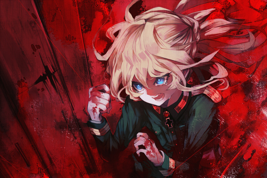 1girl blonde_hair blood blue_eyes commentary_request crying crying_with_eyes_open iron_cross long_hair long_sleeves military military_uniform open_mouth red solo tanya_degurechaff tears teeth uni_(bom19850101) uniform youjo_senki