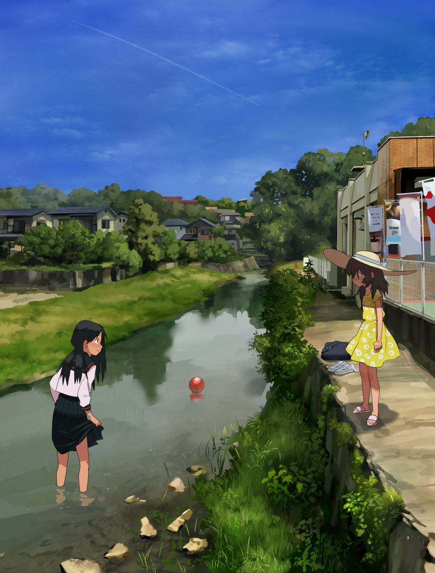 2girls absurdres ball barefoot black_hair brown_hair day grass hat highres holding_skirt long_hair long_sleeves multiple_girls nature original outdoors river sandals scenery school_briefcase school_uniform short_sleeves sky summergoat sun_hat wading