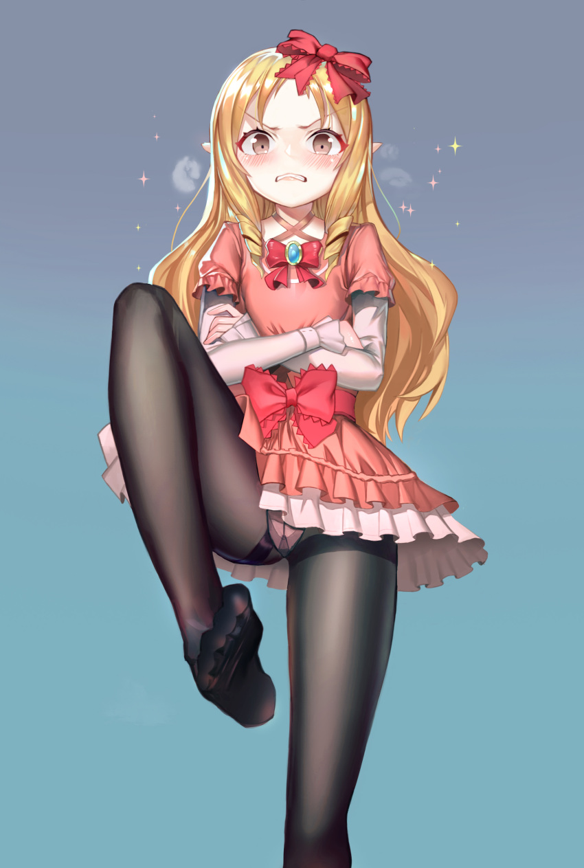 1girl absurdres ass_visible_through_thighs bangs black_legwear blonde_hair blush bow bowtie braid breasts brooch clenched_teeth cowboy_shot criss-cross_halter crossed_arms dress drill_hair eromanga_sensei feet frilled_skirt frills gem gradient gradient_background gusset hair_bow hair_ornament halterneck highres jewelry leg_up long_hair long_sleeves looking_at_viewer no_shoes nose_blush one_leg_raised panties panties_under_pantyhose pantyhose pink_lips pointy_ears red_bow red_bowtie ringlets short_dress short_over_long_sleeves short_sleeves skirt soles solo sparkle standing standing_on_one_leg teeth thighband_pantyhose toes tttanggvl twin_braids underwear white_panties yamada_elf