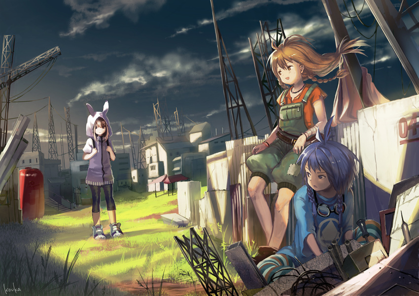 3girls belt blue_eyes blue_hair blue_shirt braid brown_eyes brown_hair goggles goggles_around_neck hood hoodie kouka_(mrakano5456) long_hair looking_at_another looking_back multiple_girls open_mouth orange_shirt original overalls shirt short_hair smile striped striped_legwear triangle_mouth twin_braids wire