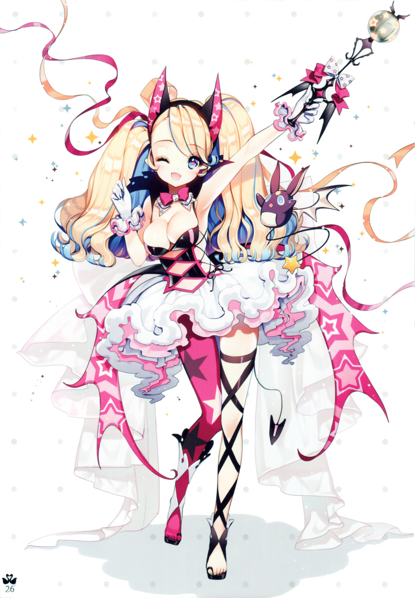 1girl ;d absurdres animal_ears ankle_lace-up arm_up armpits asymmetrical_clothes asymmetrical_footwear asymmetrical_legwear blonde_hair blue_eyes blue_hair bow bowtie breasts cherrypin cleavage cross-laced_clothes cross-laced_footwear demon_tail eyebrows_visible_through_hair fake_animal_ears familiar fang frilled_gloves frills full_body gloves hair_ribbon highres holding holding_wand layered_skirt long_hair looking_at_viewer magical_girl medium_breasts mismatched_footwear multicolored_hair one_eye_closed open_mouth page_number pink_legwear pink_pupils print_legwear ribbon sandals scan single_pantsleg sleeveless smile solo sparkle standing standing_on_one_leg star star_print tail thigh-highs twintails two-tone_hair wand white_background white_gloves