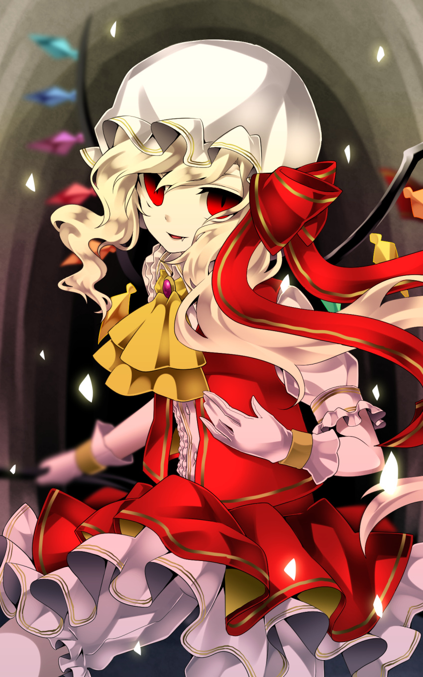 1girl blonde_hair bloomers blurry brooch center_frills cravat depth_of_field fang_out flandre_scarlet gloves hat hat_ribbon highres holding holding_weapon jewelry laevatein layered_skirt looking_at_viewer puffy_short_sleeves puffy_sleeves red_eyes red_ribbon red_skirt ribbon short_sleeves skirt skirt_set solo touhou underwear vest weapon white_gloves white_hat wings yuka_yukiusa