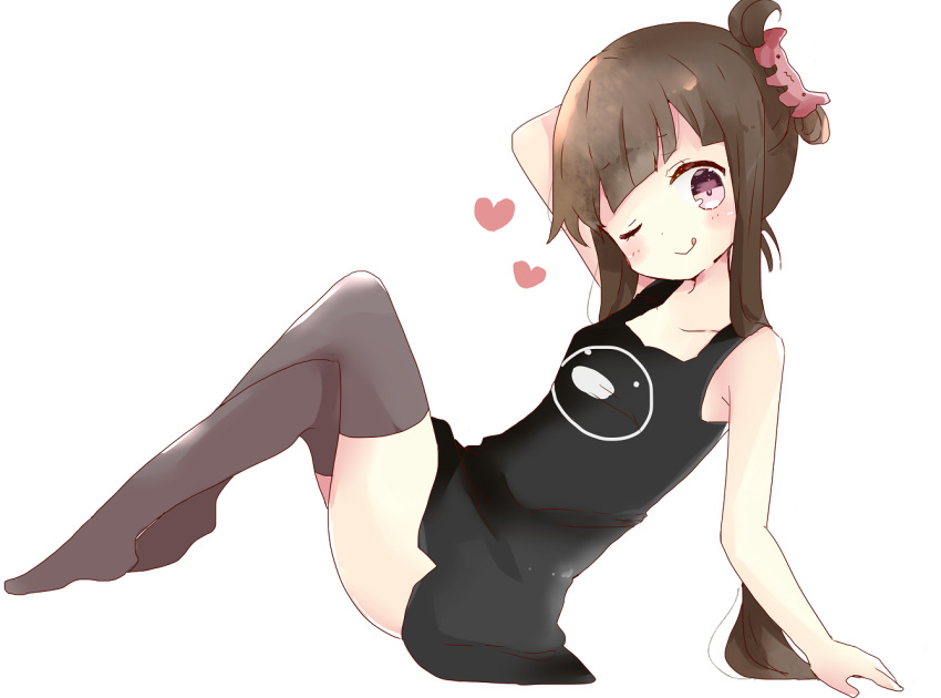 1girl :&gt; ;q arm_support bangs bare_arms black_dress blunt_bangs blush brown_hair brown_legwear collarbone commentary dress folded_ponytail from_side hand_behind_head heart legs_crossed looking_at_viewer no_shoes one_eye_closed original reclining simple_background sleeveless sleeveless_dress solo thigh-highs tongue tongue_out tsukiyo_(skymint) violet_eyes white_background