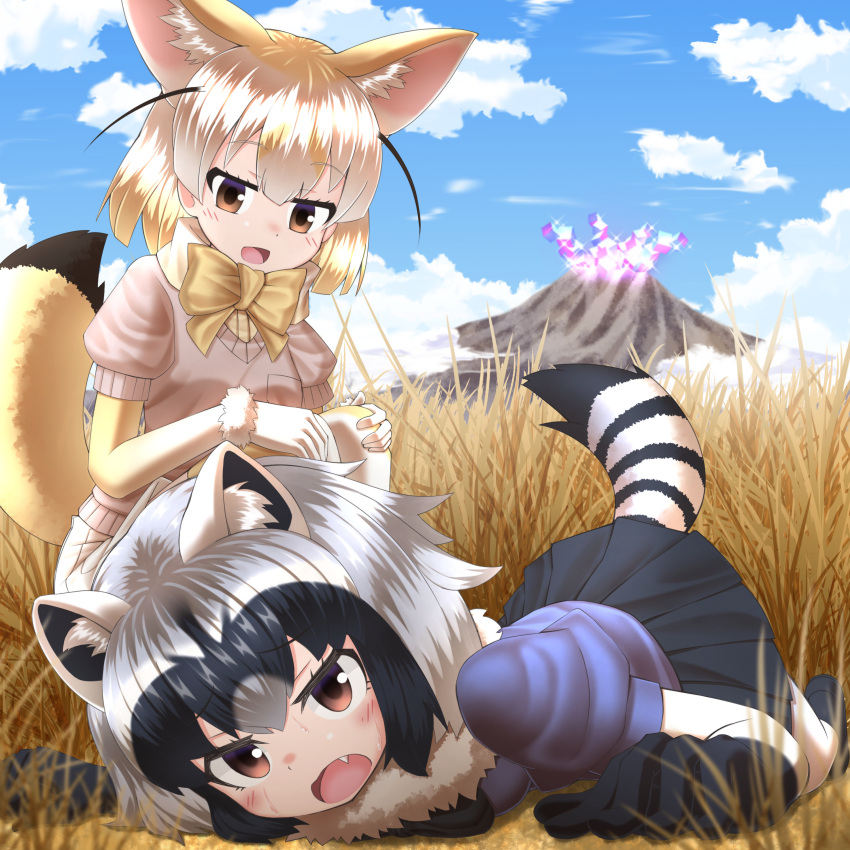 2girls :d absurdres all_fours animal_ears black_hair black_skirt blonde_hair blue_sky bow bowtie brown_eyes clouds commentary_request common_raccoon_(kemono_friends) day eyebrows_visible_through_hair fang fennec_(kemono_friends) fox_ears fox_tail gloves grass highres kakutasu_(akihiron_cactus) kemono_friends mountain multicolored_hair multiple_girls on_ground open_mouth outdoors pleated_skirt puffy_short_sleeves puffy_sleeves raccoon_ears raccoon_tail sandstar savannah short_hair short_sleeves skirt sky smile tail white_hair