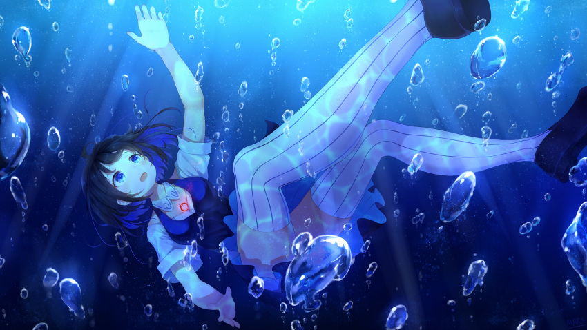 1girl absurdres artist_request benghuai_xueyuan blue_eyes blue_hair bubble highres light_rays open_hand open_mouth seele_vollerei short_hair skirt sunbeam sunlight teeth thigh-highs underwater zettai_ryouiki