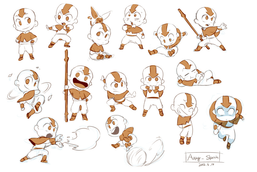 1boy aang avatar:_the_last_airbender avatar_(series) bald character_sheet chibi eating element_bending fighting_stance glowing glowing_eyes highres looking_at_viewer momo_(avatar) monochrome multiple_views nemurism sitting solo staff tattoo wind